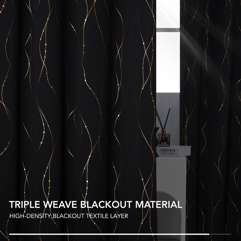 Deconovo Blackout Curtains 2 Panels for Bedroom and Living Room, Gold Foil Wave Lines and Dots, Thermal Insulated Room Darkening Grommet Window Drapes for Nursery, Black, 52W x 108L Inch - Image 5